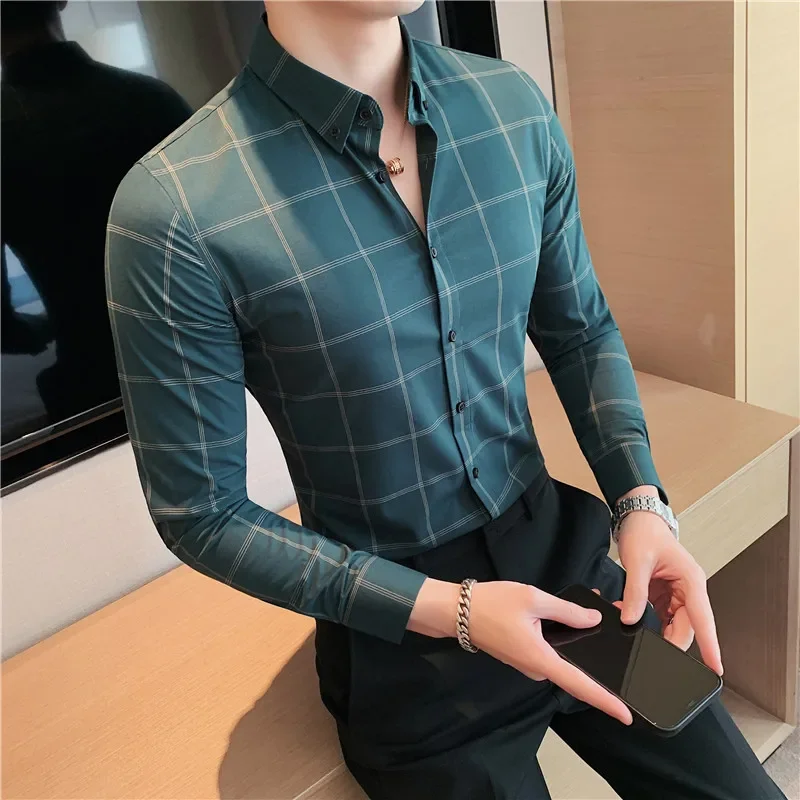 

2023 Spring Business Casual Plaid Shirt Men's Formal Workwear Wedding Dress Slim Social Party Clothes Checked Shirt S-4XL