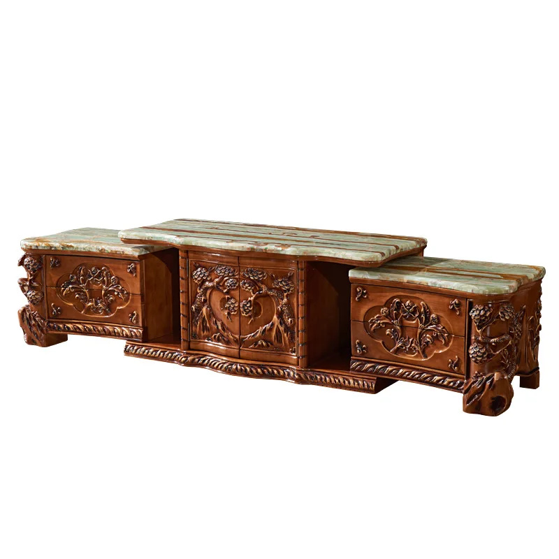 European marble TV cabinet, American villa solid wood carving flower coffee table combination