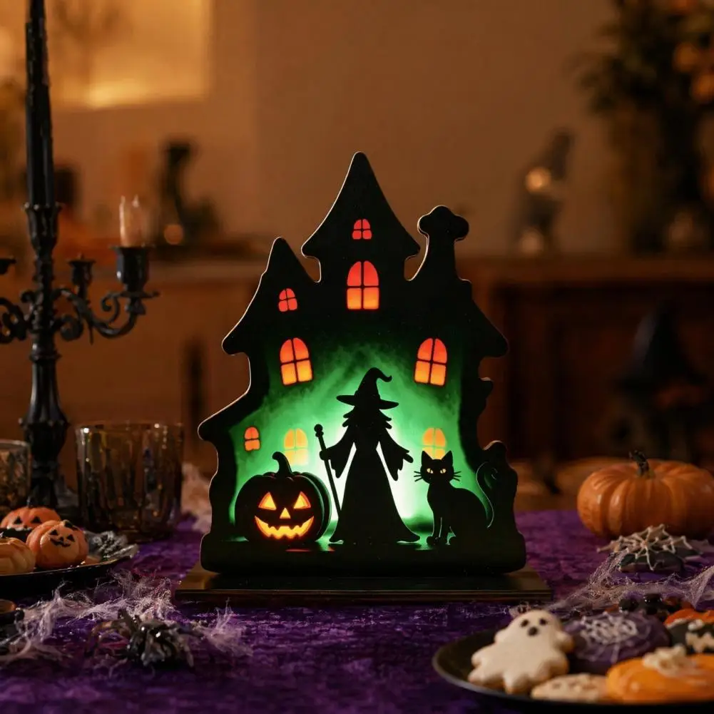 Halloween Decoration Witch Wooden Table Centerpiece Spooky Castle Black Cat Ornament Halloween Hinged Haunted House for Home