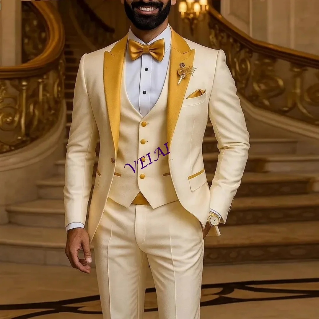 تخصيص الذهب طوق العاج الرجال دعوى حفل زفاف رسمي العريس وصيف حفلة موسيقية الأعمال الذكور البدلات الرسمية 3 قطعة مجموعة سترة سترة عموم
