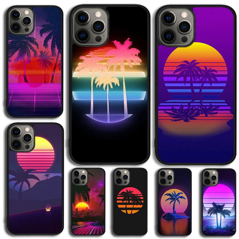 80s Retrowave Neon Palms Tree Phone Case Cover For iPhone 15 16 14 XR XS 11 12 13 Mini Pro MAX Plus