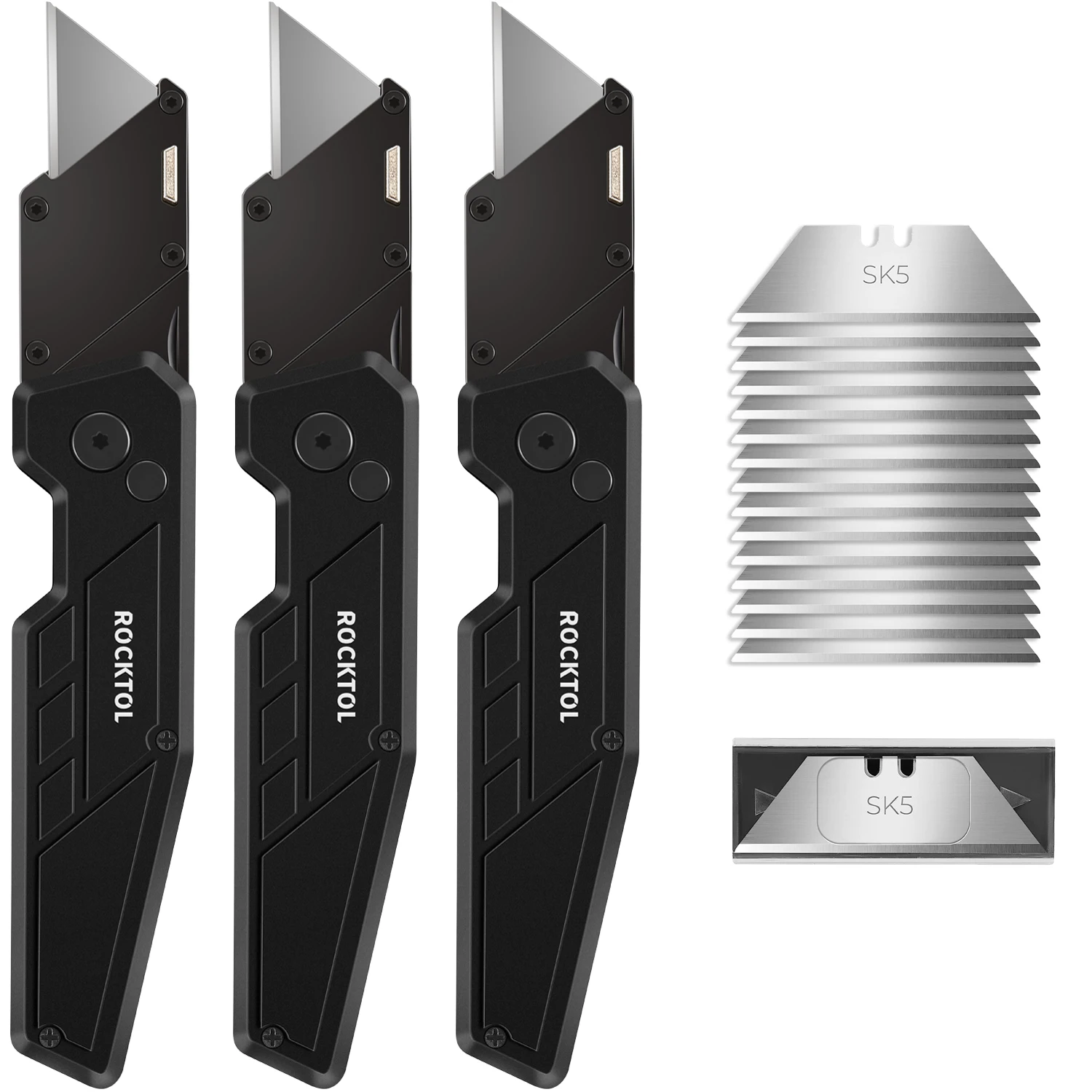 ROCKTOL 1-Pack Folding Utility Knife, Lightweight Reinforced Handle, Quick-change Blade, Button Lock, with 5 Extra Blades