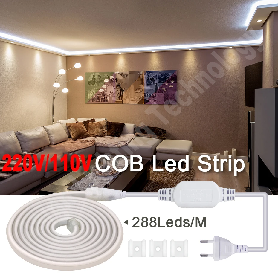 

220V 110V COB Strip Light 288LEDs/m 0.5m-50m Flexible Tape for Outdoor Lighting Decor High Bright LED Ribbon with EU/US Plug