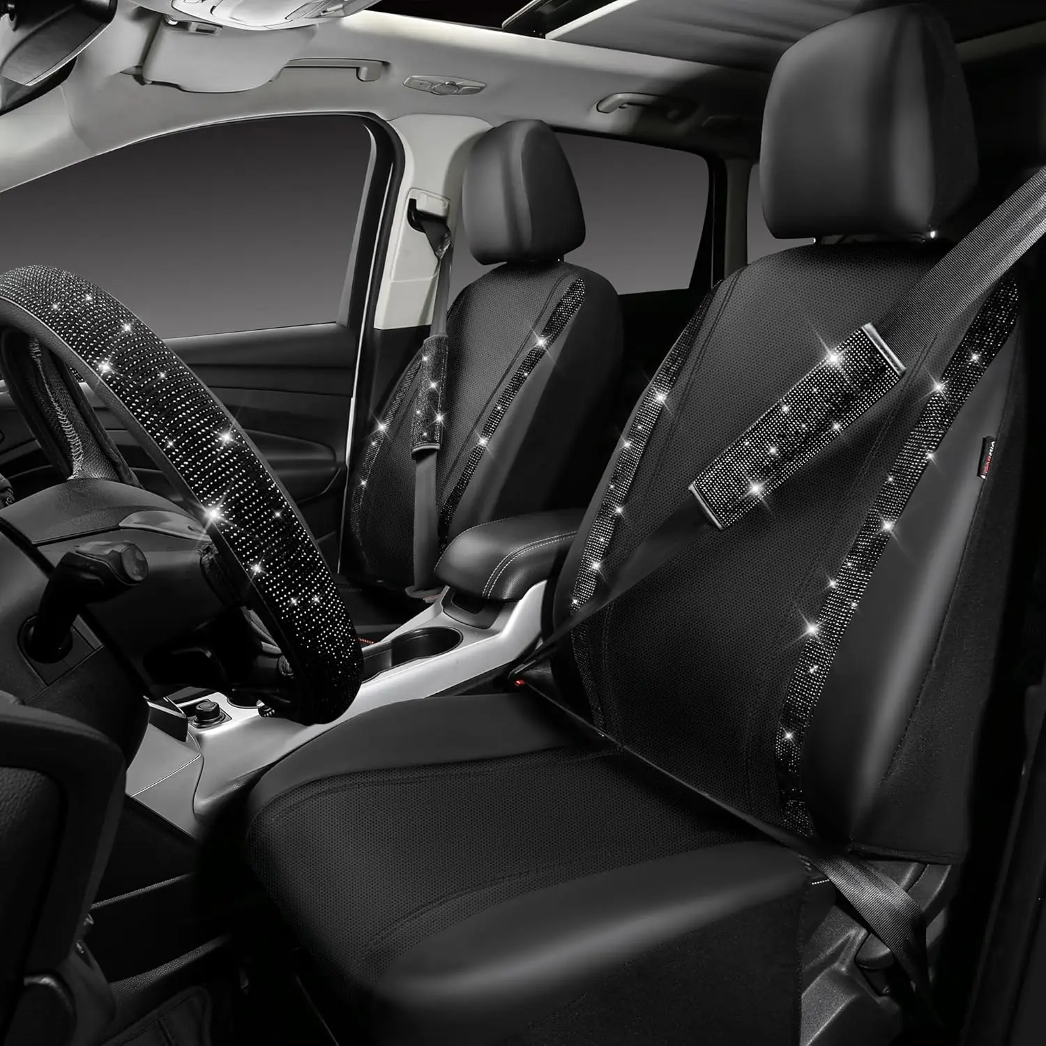 

Кожаные блестящие чехлы на сиденья, полные наборы, 16 шт., набор автомобильных аксессуаров с блестящими бриллиантами для женщин, рулевое управление со стразами, горячая распродажа