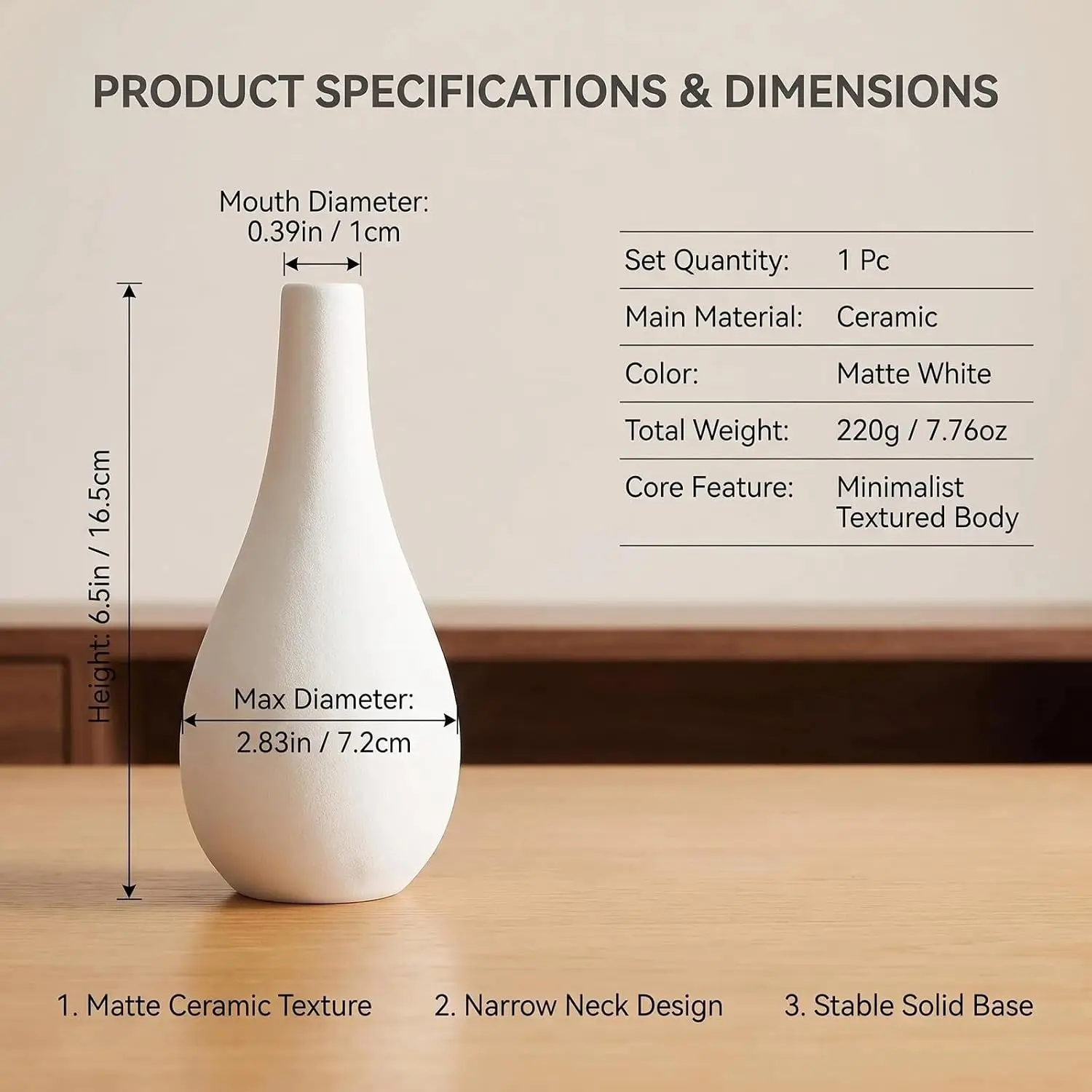 6.5Inch White Ceramic Bud Vase Narrow Neck Floral Table Centerpiece Home Wedding Party Decor, Customized