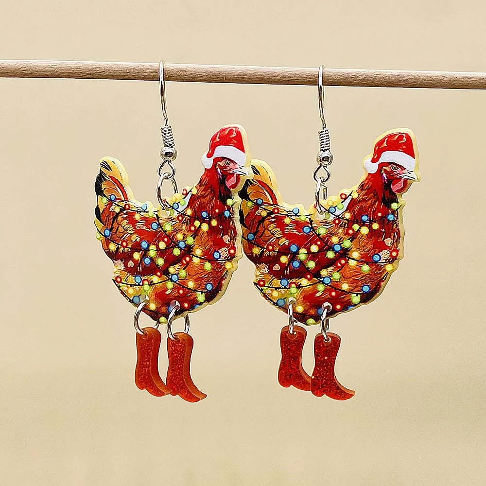 Christmas Hats Rooster Colored Lights Acrylic Earrings Creative Christmas Earrings for Women Fashion Jewelry New Year Gift