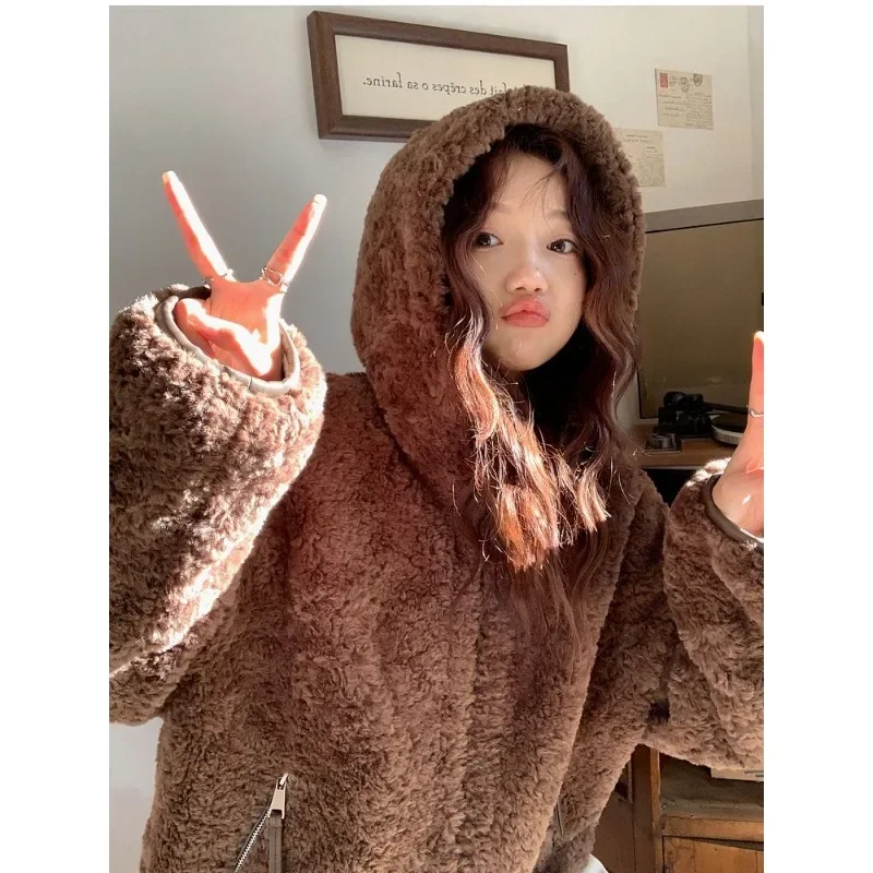 New Thickened Lamb Wool Coat Women's Imitation Fur Hooded Winter Thickened Retro Style Sports Jacket Fashion Warm
