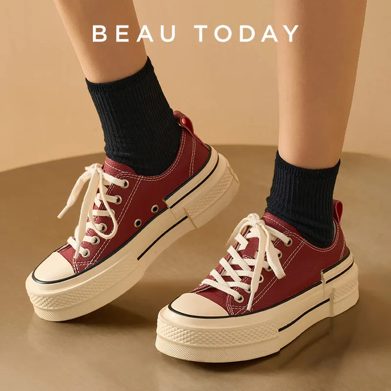 BEAUTODAY Canvas Shoes Women Genuine Cow Leather Solid Color Spring Outdoors Lace-up Ladies Shoes Handmade 29248