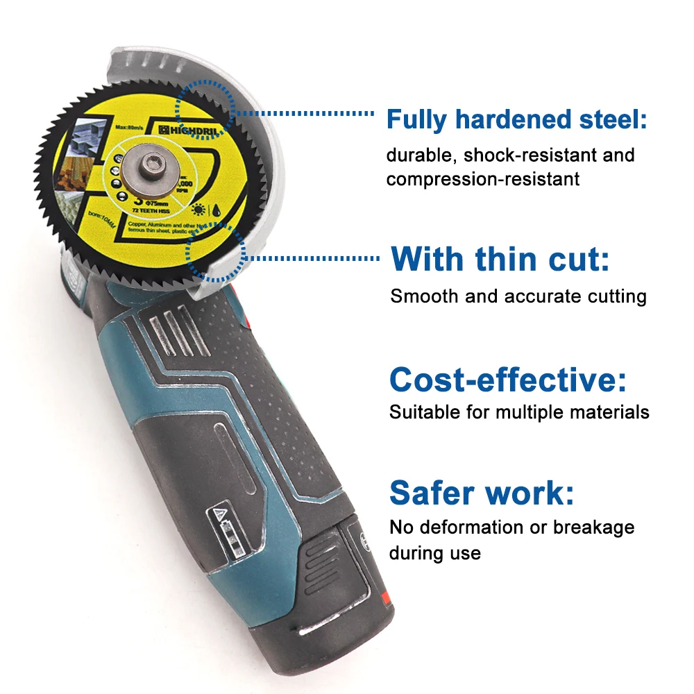 HIGHDRIL HSS Saw Blades Cutting Disc For Metal Plastic Woodworking Arbor10mm On Angle Grinder Dia3inch/75mm High Speed Metal