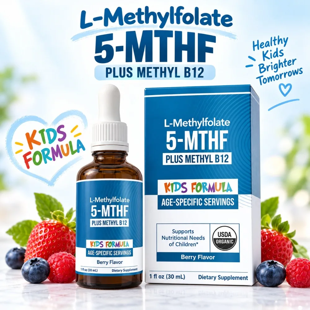 5-MTHF L-Methylfolate Liquid Drops for Kids Methyl B12 Organic Berry Flavor Age-Specific Servings Vegan Non-GMO Gluten Free 30mL