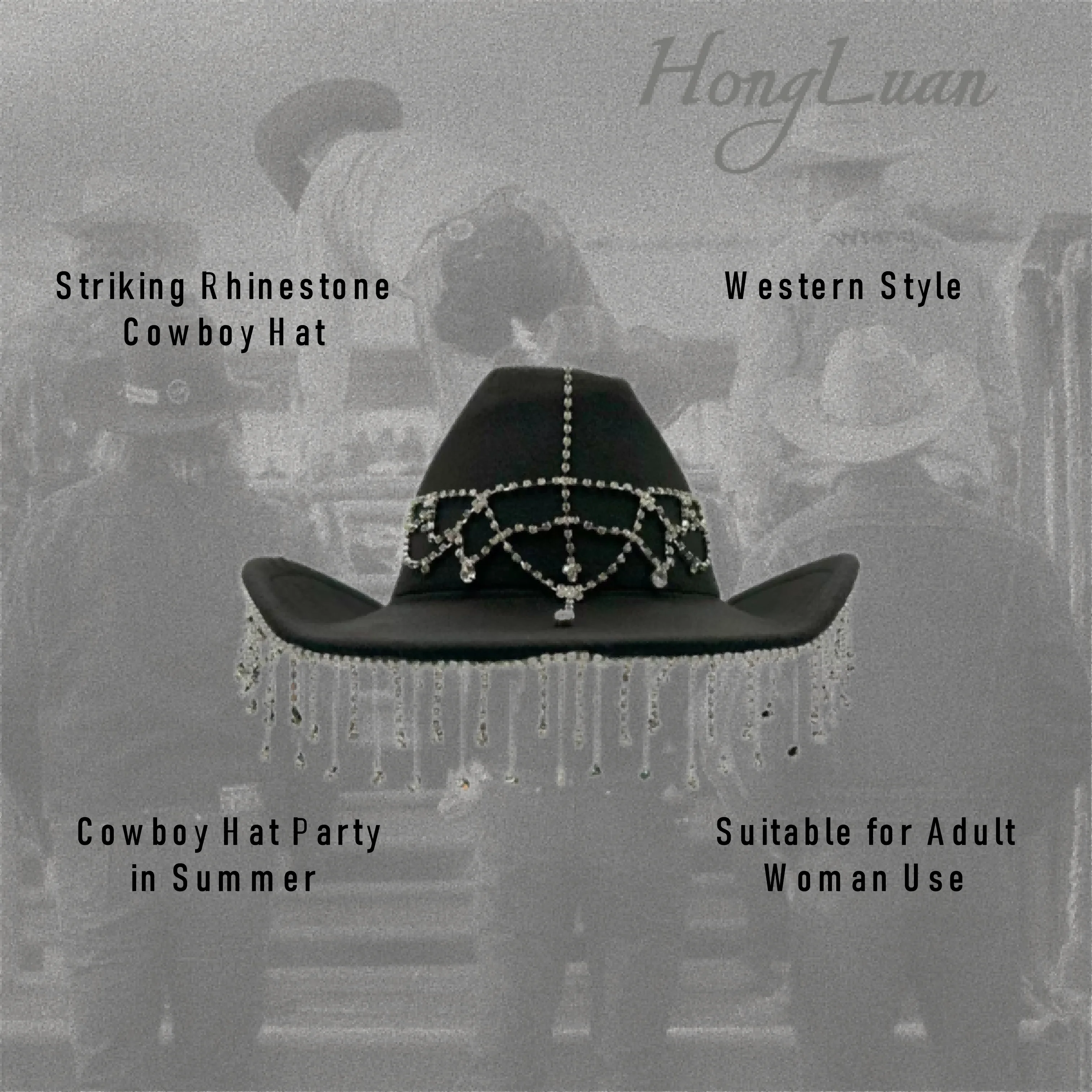 홍루안 서부 카우보이 모자 라인스톤 남성용 - 빈티지 카우보이 액세서리 및 여성용 컨트리 카우걸 모자