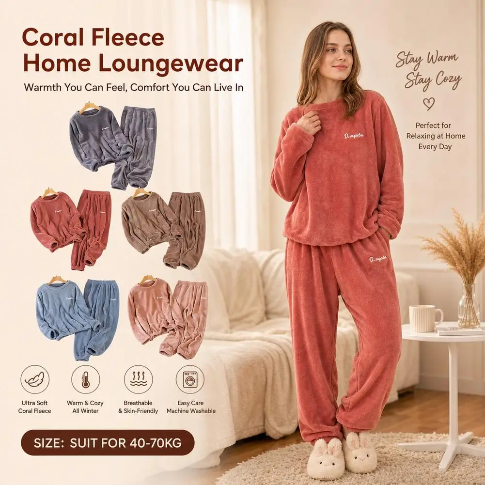 Coral Fleece Homewear Set Pajamas Women Winter Warm Fluffy Sleepwear Thickened Loungewear 40-70kg Long Sleeve Pants Tracksuit