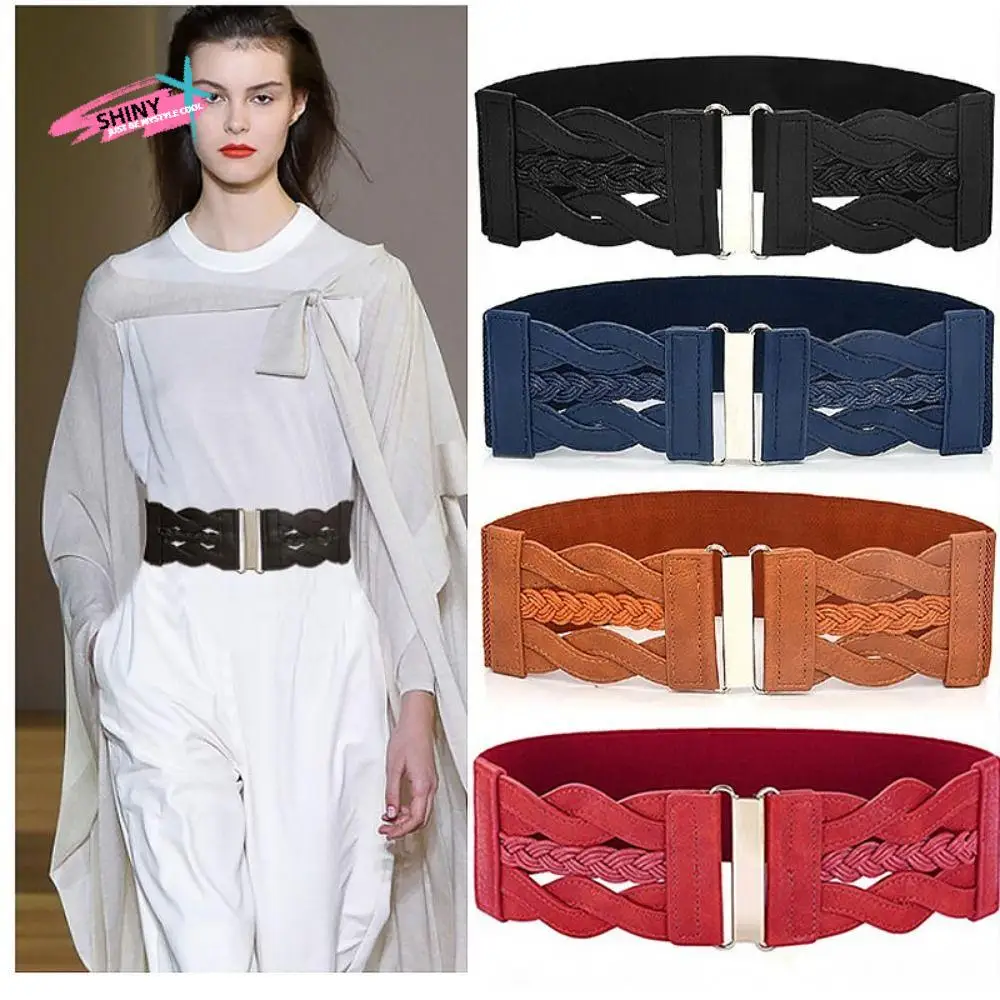 

Elegant Metal Buckle Woven Stretch Girdle Wide Side Coat Decor Leisure Wide Belt Trouser Decor All-match Dress Decoration Party