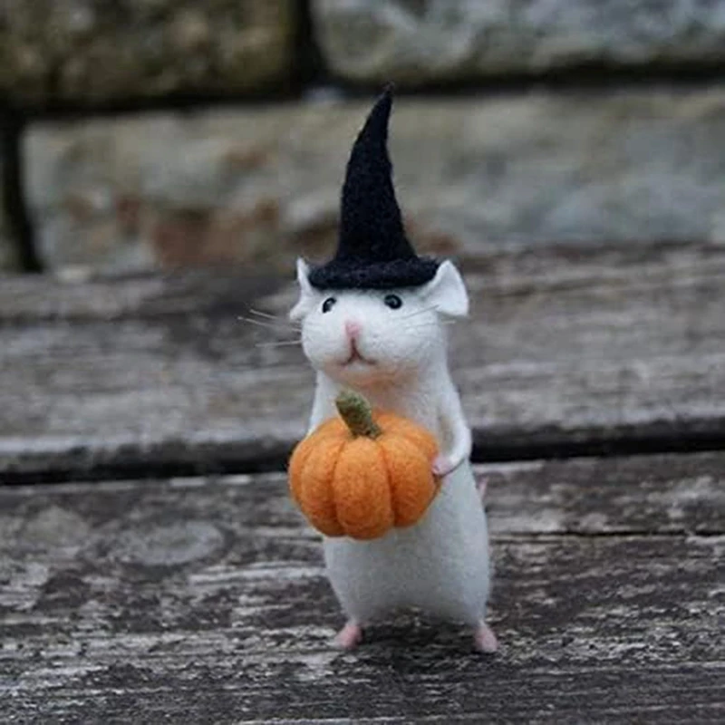 ABUP-4X Halloween Mouse With A Pumpkin Felted Animals, Needle Felted Christmas Mouse, Wool Felt D