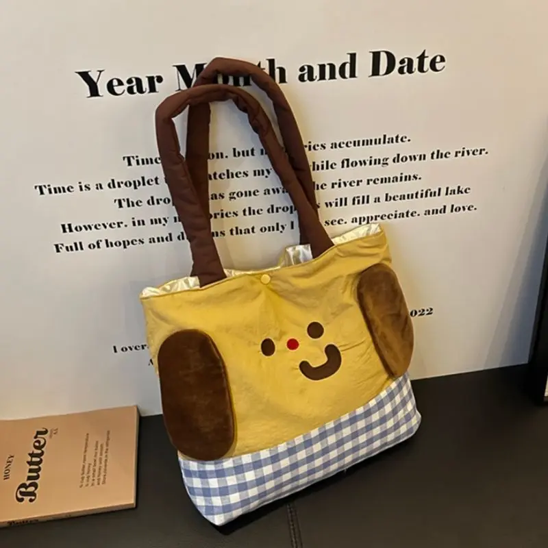 Cute Cartoon Puppy Shoulder Bag Women Color Block Plaid Large Capacity Handbag Ladies Portable Casual Versatile Shopping Bag New
