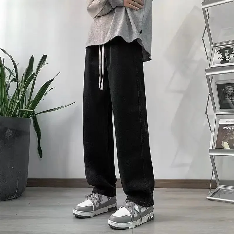 

2025 Новые корейские мужские повседневные длинные джинсы, классические модные мужские прямые джинсовые широкие брюки, однотонные светло-голубые, серые, черные