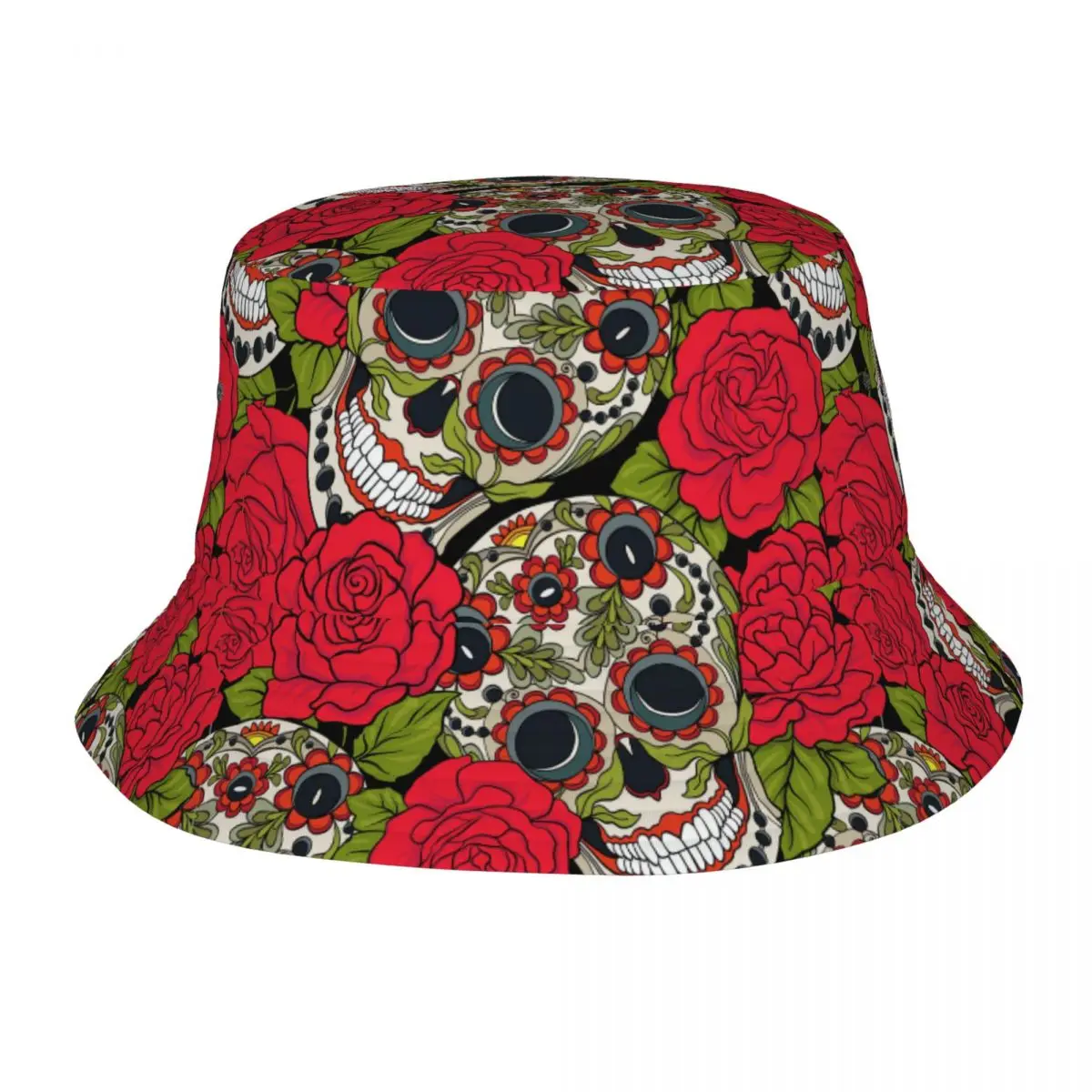 

Bucket Hat Unisex Bob Cap Hip Hop Gorros Sugar Skull And Red Roses Panama Cap Beach Sun Fishing Hat