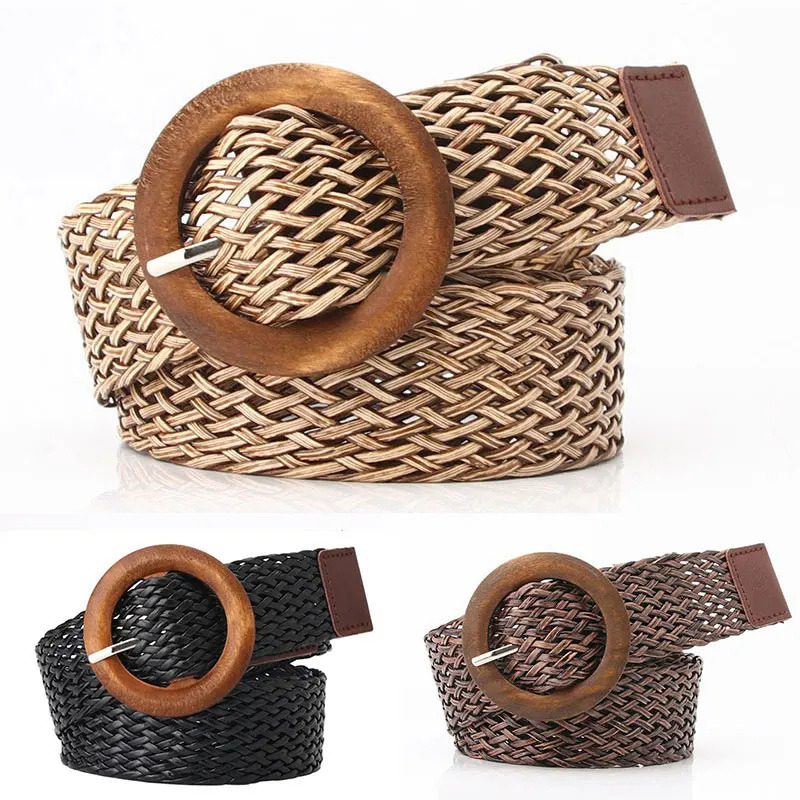 

Braided Waist Belt Black Coffee Female Belt Vintage Boho Round Wooden Smooth Buckle Fake Straw Wide Belts Waist Strap For Women