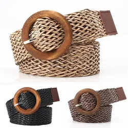 Cinturón trenzado para mujer, Correa ancha de paja falsa, hebilla lisa de madera redonda, estilo bohemio Vintage, color café negro