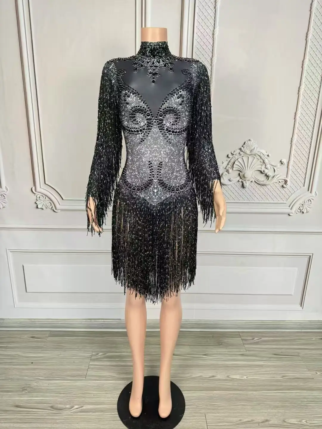 반짝 이는 검은 라인 석 긴 소매 프린지 바디 슈트 여성 섹시한 공연 댄스 의상 나이트 클럽 가수 댄서 무대 착용
