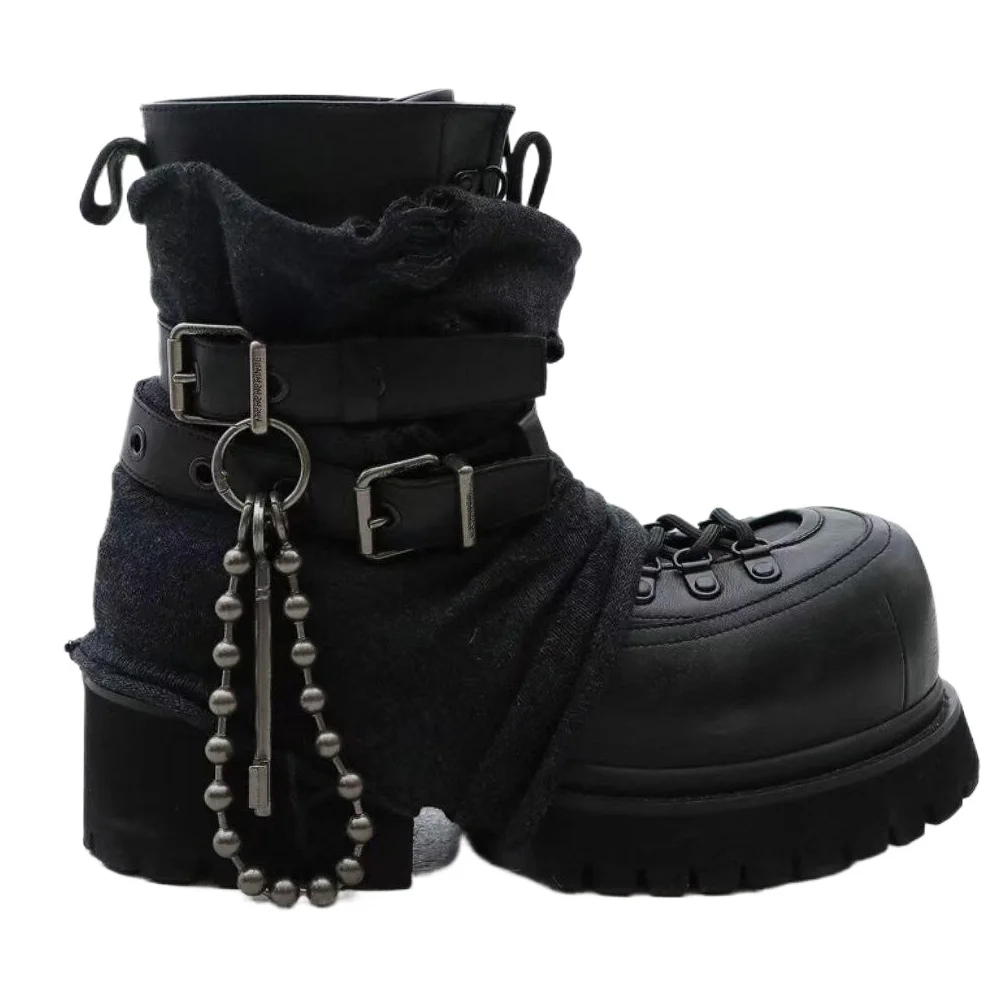 

Fashion Genuine Leather Motorcycle Boots Metal Belt Buckle Short Boots Thick Soled Punk Western Round Toe Ankle Riding Boots