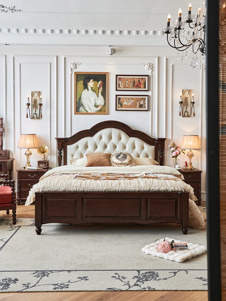 American solid wood bed master bedroom high box storage leather soft bag retro 1.8 meters double wedding bed 200 × 220