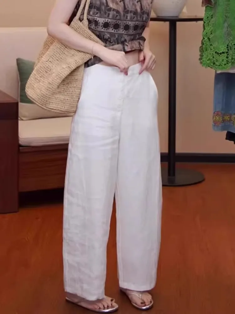 ハイウエストワイドレッグパンツ レディース 夏 プラスサイズ 綿麻 九分丈 フロア丈 カジュアルパンツ 通勤スタイル