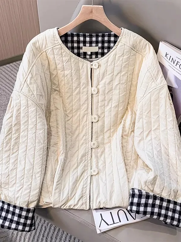 

Утягивающий клетчатый лоскутный хлопковый джет, женский свободный легкий рта, корейская версия, повседневная верхняя одежда на осень