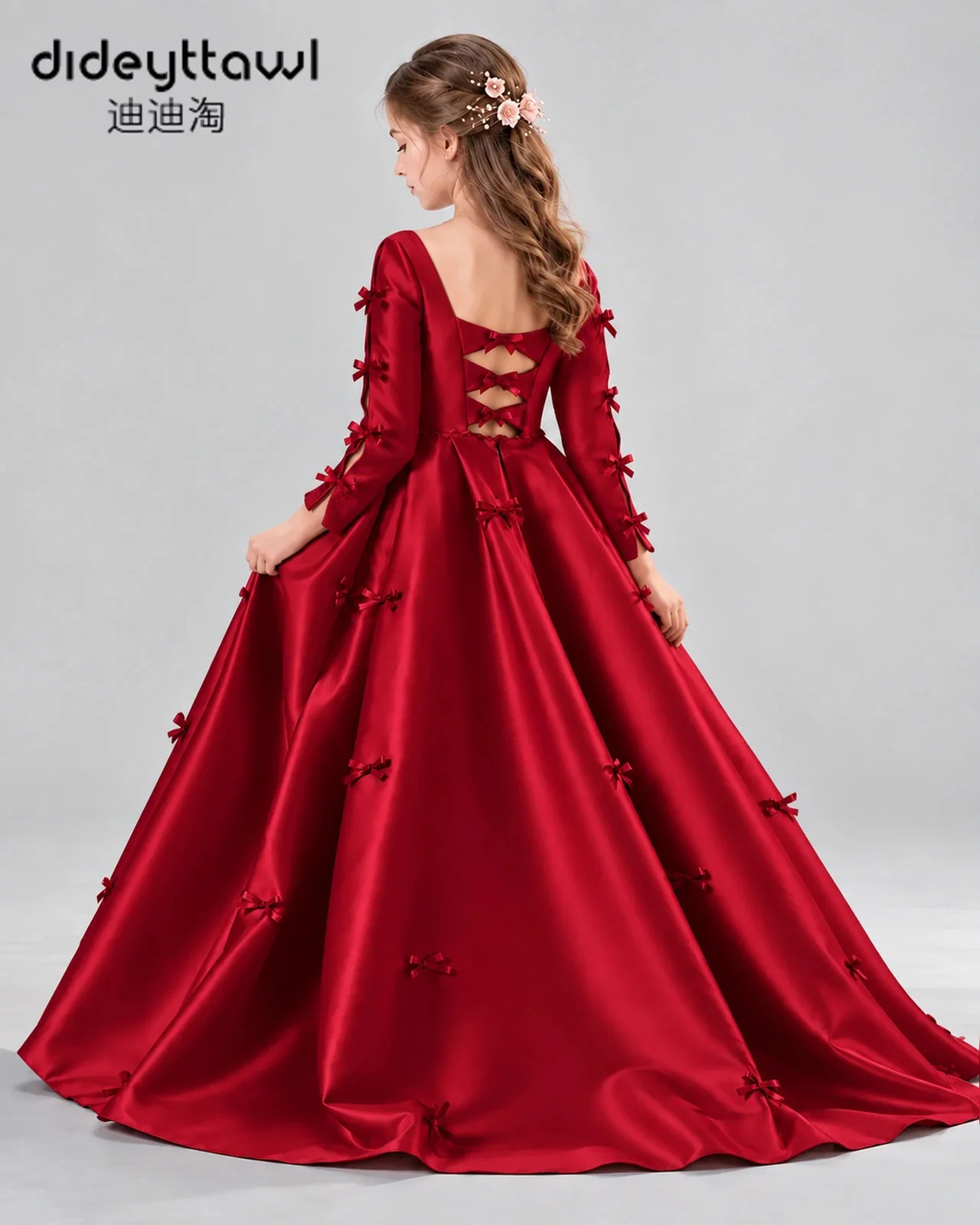 Dideyttawl Kids Flower Girl Dress Long Sleeves Satin Small Bow Puffy Ball Gown Square Neck Cutout Back Princess Pageant Dress