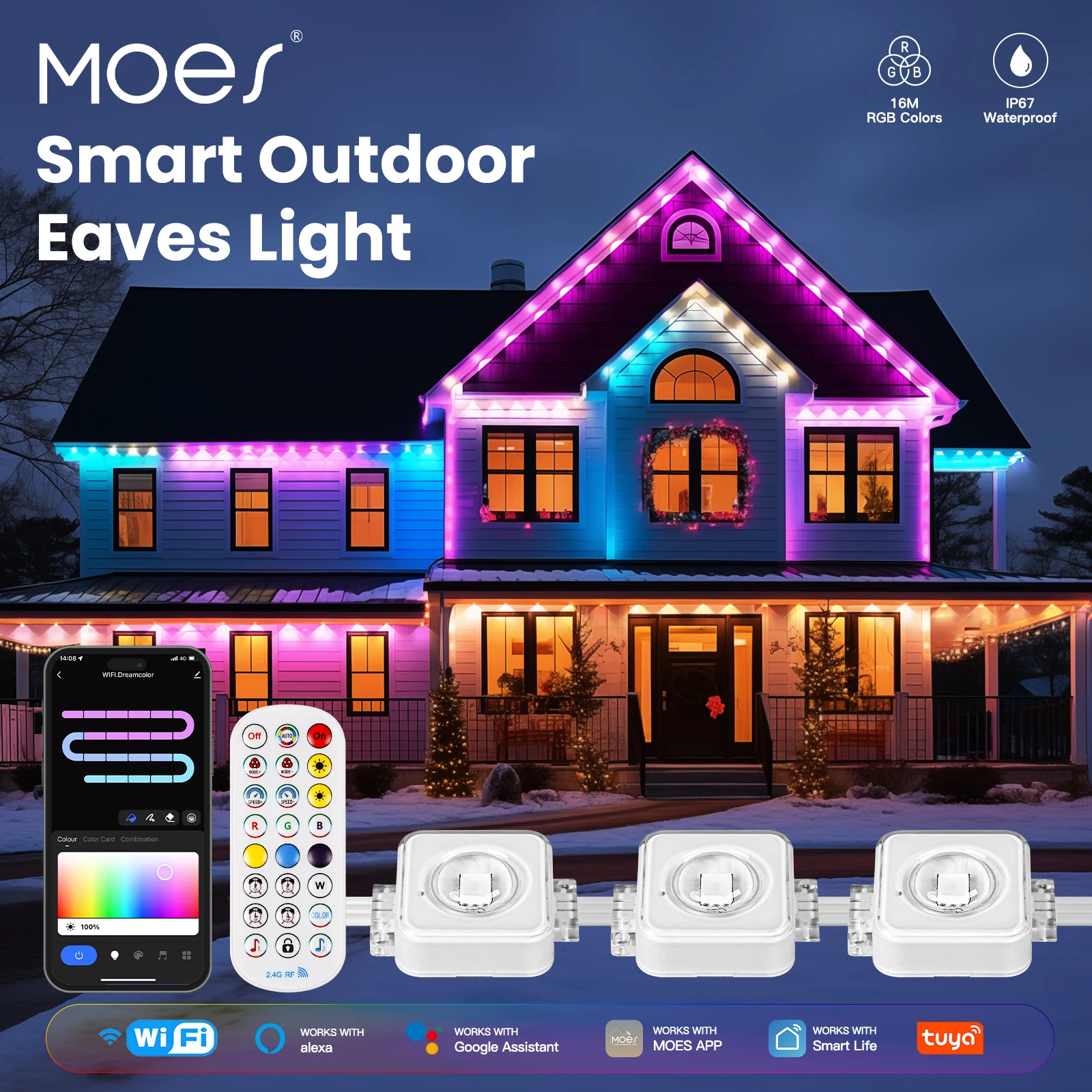 MOES-Smart Eaves String Luzes LED para exterior, IP67 impermeável, cor RGB, controle remoto RF, Alexa, Google Home, Wi-Fi, Tuya, 1600 milhões