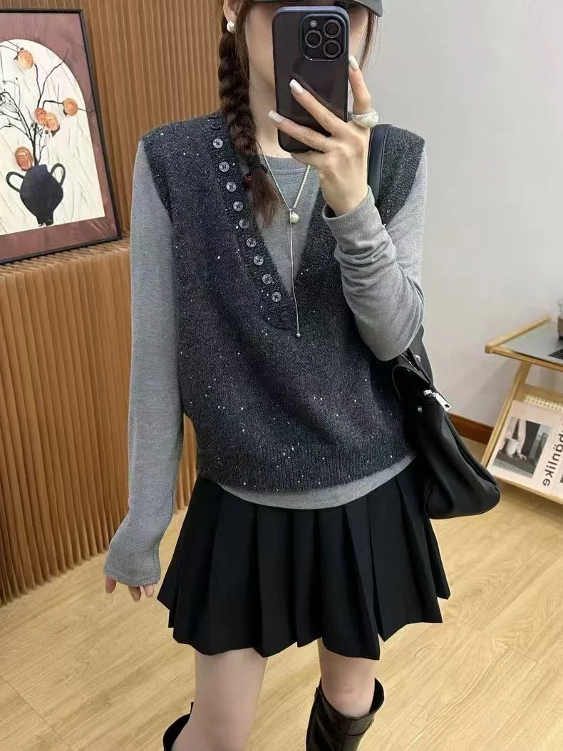 

Women's Sequin V-Ne Knitted Vest T-irt Two-Piece Set Heavy Embelliment Autumn Faion Euro Sle Commute Thiened