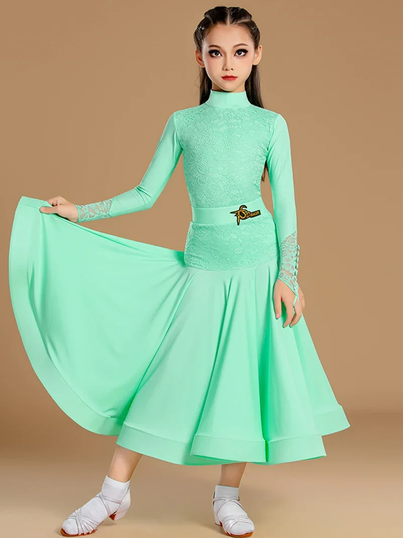 

Kids Girls Long Sleeve Embroidery Bodysuit and Fishbone Skirts Professional Modern Latin Three Piece Competition Practice Dress