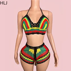 HLJ Sexy Colorful Knitting Hollow Out Vacation Beach Two Piece Sets For Women Halter V Neck Lace Up Crop Top And Shorts Outfits