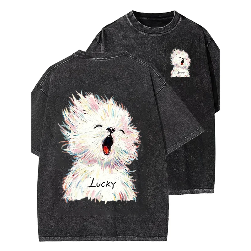 Vintage Washed Cute Puppy Graphic T‑Shirt Retro Lucky Dog Print Short Sleeve Oversized Unisex Harajuku Streetwear Casual Tops