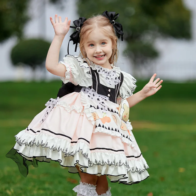 HETISO Lolita Dress for Girls Cartoon Bear Children Birthday Party Gown White Black Cotton Layered Kids Gifts 1-10 Years