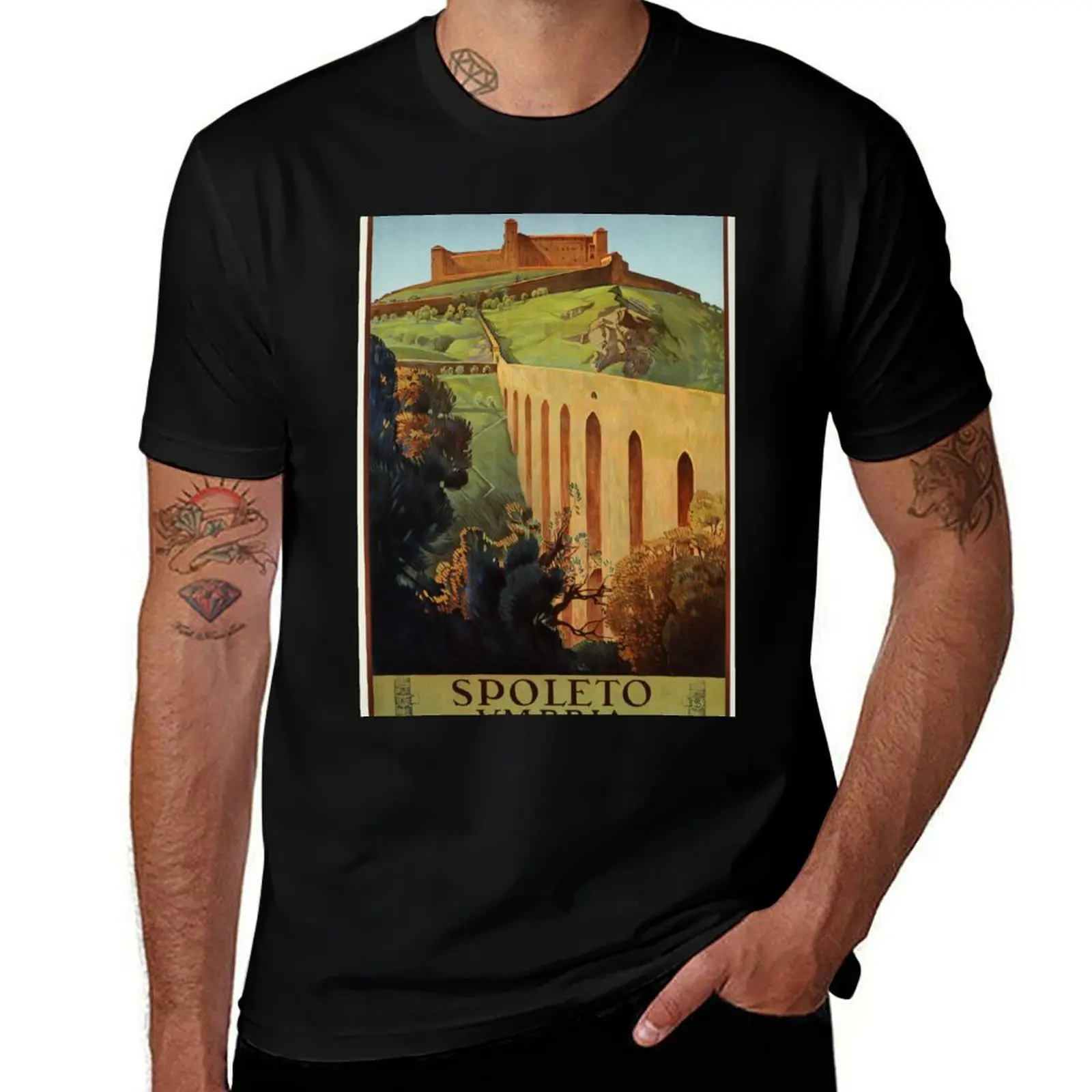 

Vintage Spoleto Umbria 1920s Italian travel ad T-Shirt essential t shirt man t shirts high quality luxury brand T-Shirt