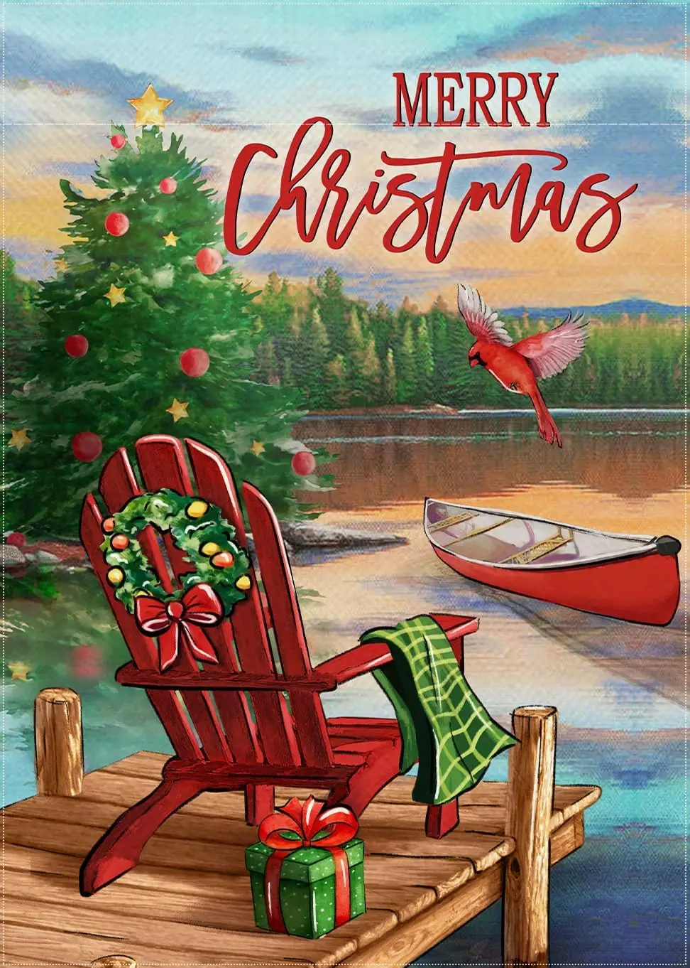 Merry Christmas Lake Red Chair Decorative Garden Flag, Xmas Tree Lakehouse Boat Cardinal Yard Outside Decorations, Farmhouse Hol