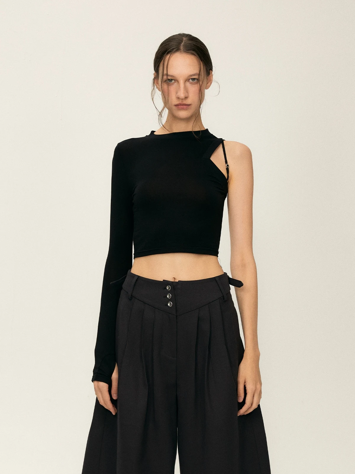 

NEONEON Commute Thin Knitted Long Sve Base Layer Top Asymmetric Design Sensation Slimming Skin-friendly Elastic T-irt