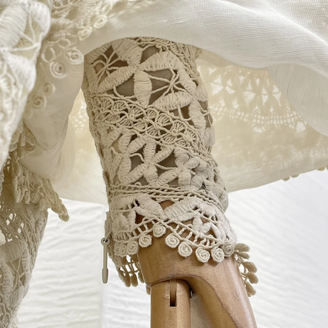 

Linen Silk High Quality New Arrivals Hollow Out Long Lantern Sleeve Braid Embroidery Women Vintage Loose Blouse Tops