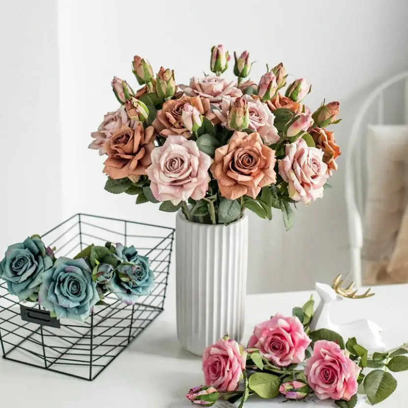 1pc Artificial Flowers Silk Rose Home living room Vase Outdoor garden Wedding bridal bouquet Christmas Decoration Diy gift box