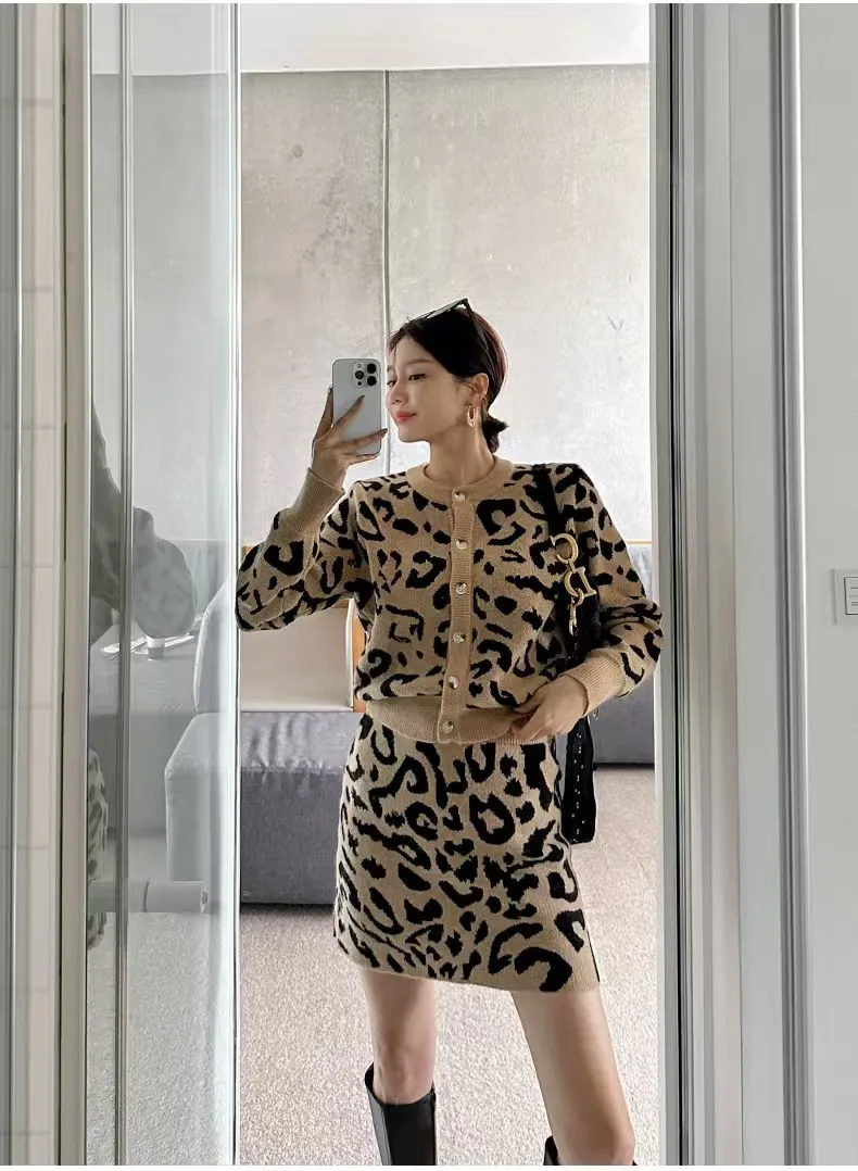 ผู้หญิงฤดูใบไม้ร่วงVINTAGE Leopardพิมพ์ถักชุดSingle-Breastedเสื้อสเวตเตอร์ถัก + เอวยางยืดกระโปรงดินสอ 2 ชิ้นชุด