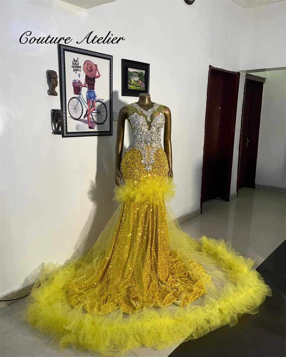 

Tulle Ruched Train Golden Sequin Prom Dresses 2026 Black Girls Mermaid Party Evening Dress Elegant Celebrity Gown Customized