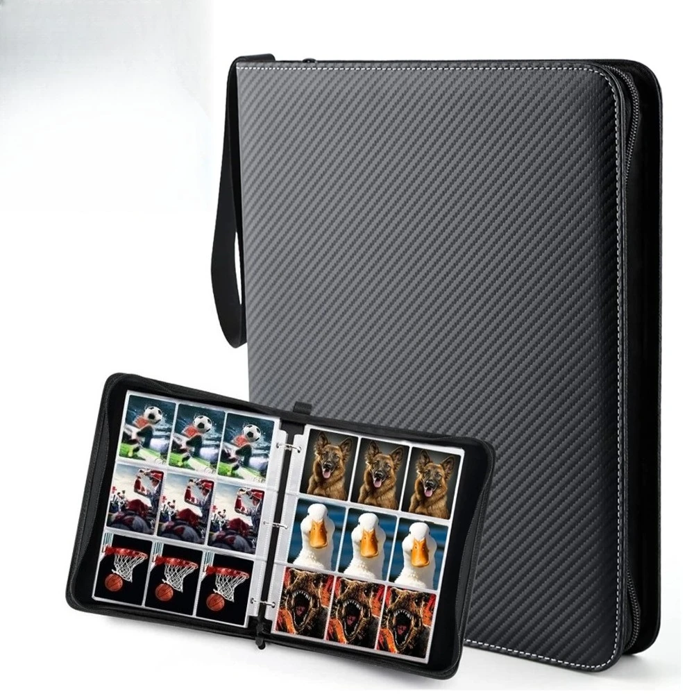 Raccoglitore per carte in pelle PU, capacità 900 carte, 9 tasche, 50 custodie con chiusura a cerniera – motivo twill nero per carte da gioco di calcio e baseball