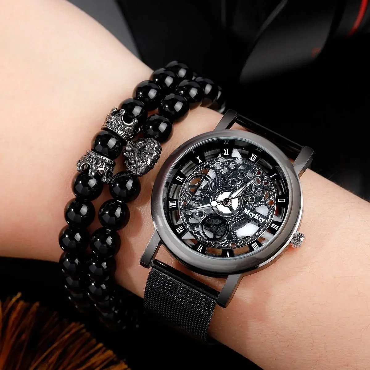 Fashion watch steel strap set men's dial quartz watch trend retro three eye casual watch