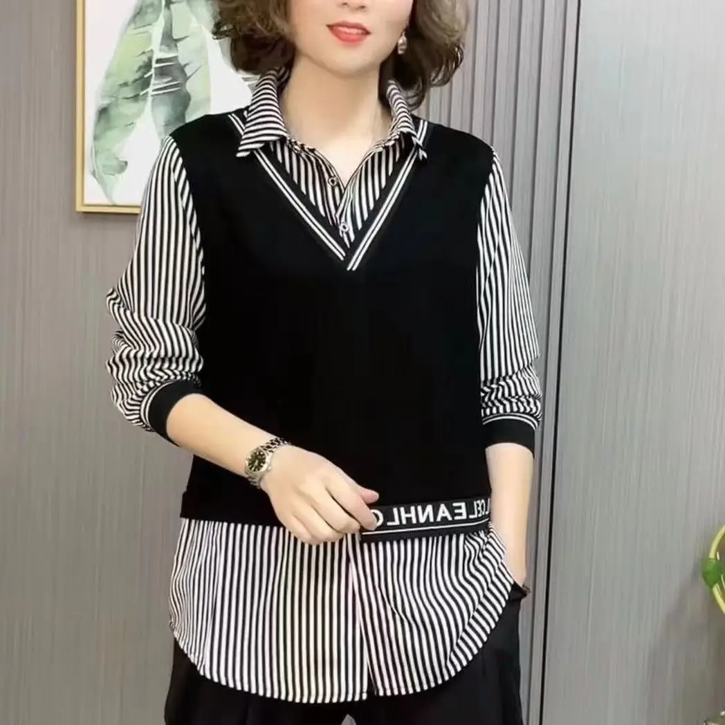 2025 ample maman faux deux pièces chemise haute mode fond polyvalent Chic chemise tempérament nouvelle chemise rayée à manches longues