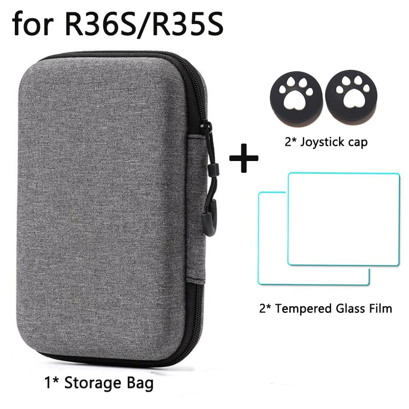 3-IN-1 Bag+Glass+Cap for R36S/R35S Portable Storage Bag & 2Pcs Screen Tempered Glass Film & Joystick Cap for R36S Accessories