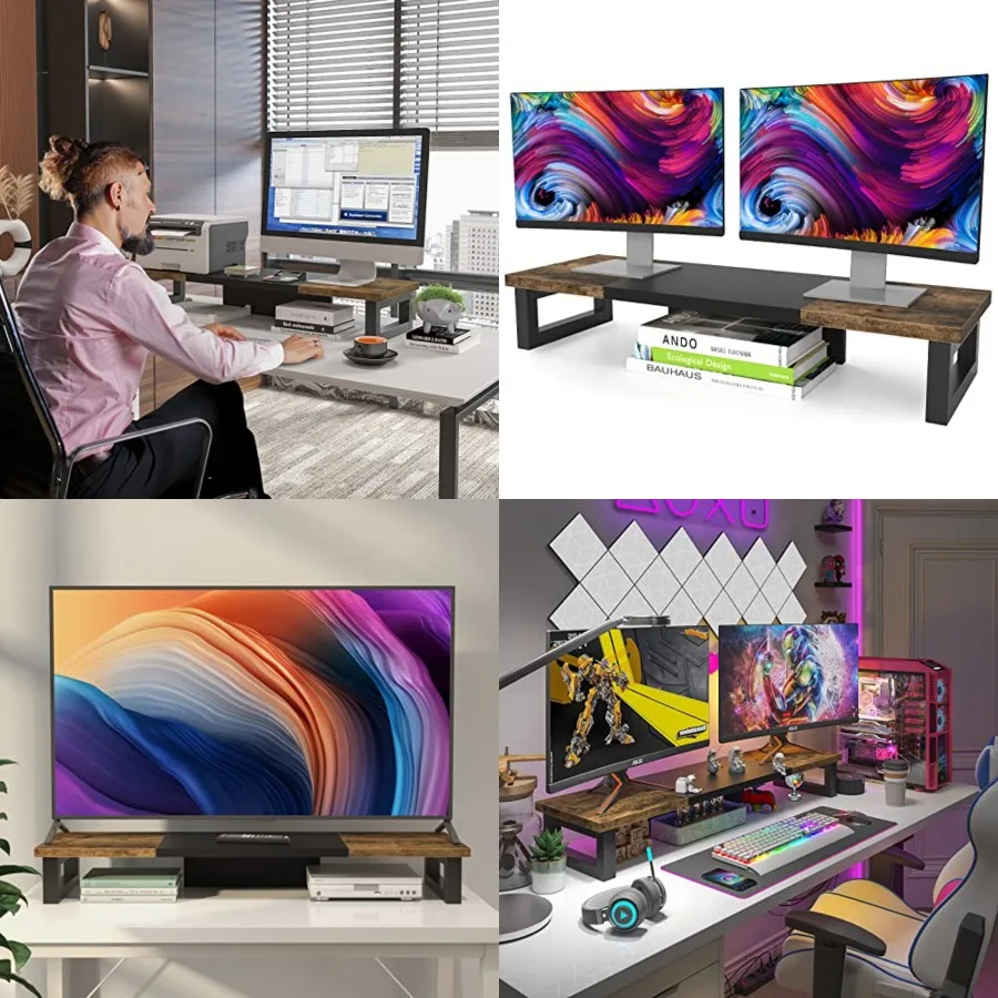 Dual Monitor Stand Riser, Wood and Steel Multi-Purpose Desktop Storage Stand for 2 Monitors for Computer, Laptop, Printer, TV