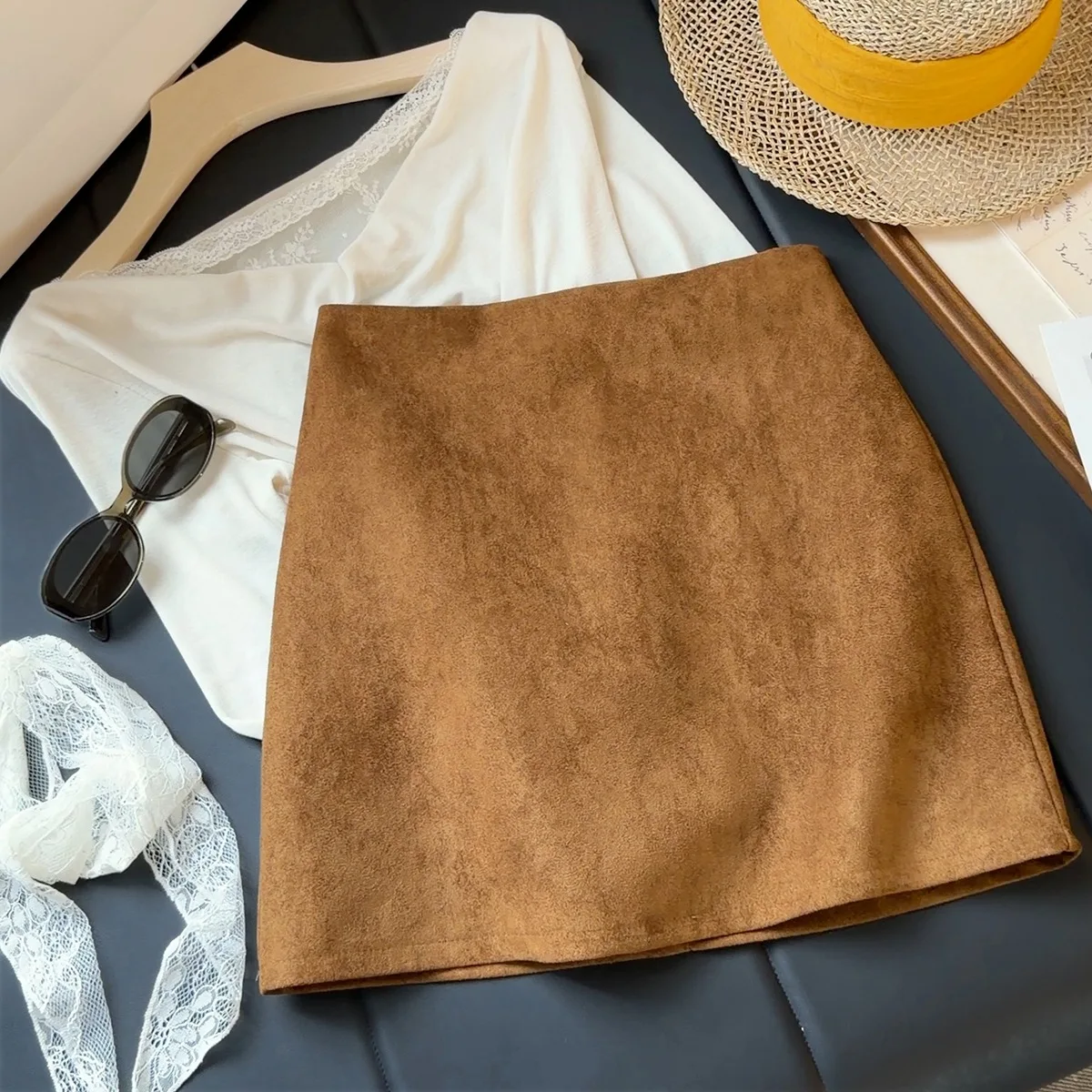 Women Autumn Suede Mini Skirt High Waist A-line Skirt Elegant Solid Color Slim Fit Wrap Hip Short Skirt Female Casual Skirts