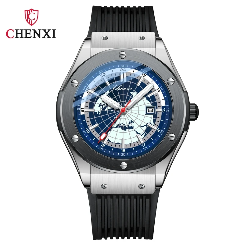 CHENXI 82442 Casual Luxury Sport Quartz Watches For Men Brand World Map Date Silicone Waterproof Man Clock Fashion Wristwatch