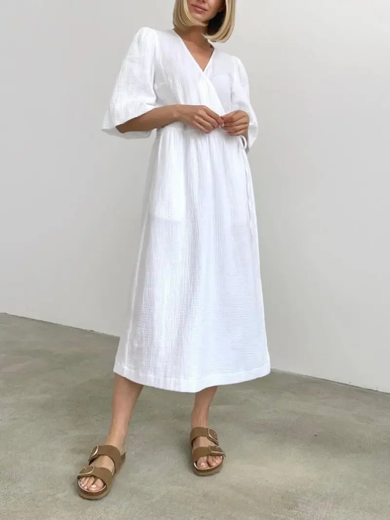 Dolce abito lungo da donna abiti con lacci scollo a V manica a sbuffo solido vita alta femminile una linea ufficio signora estate 2025 maxi abito